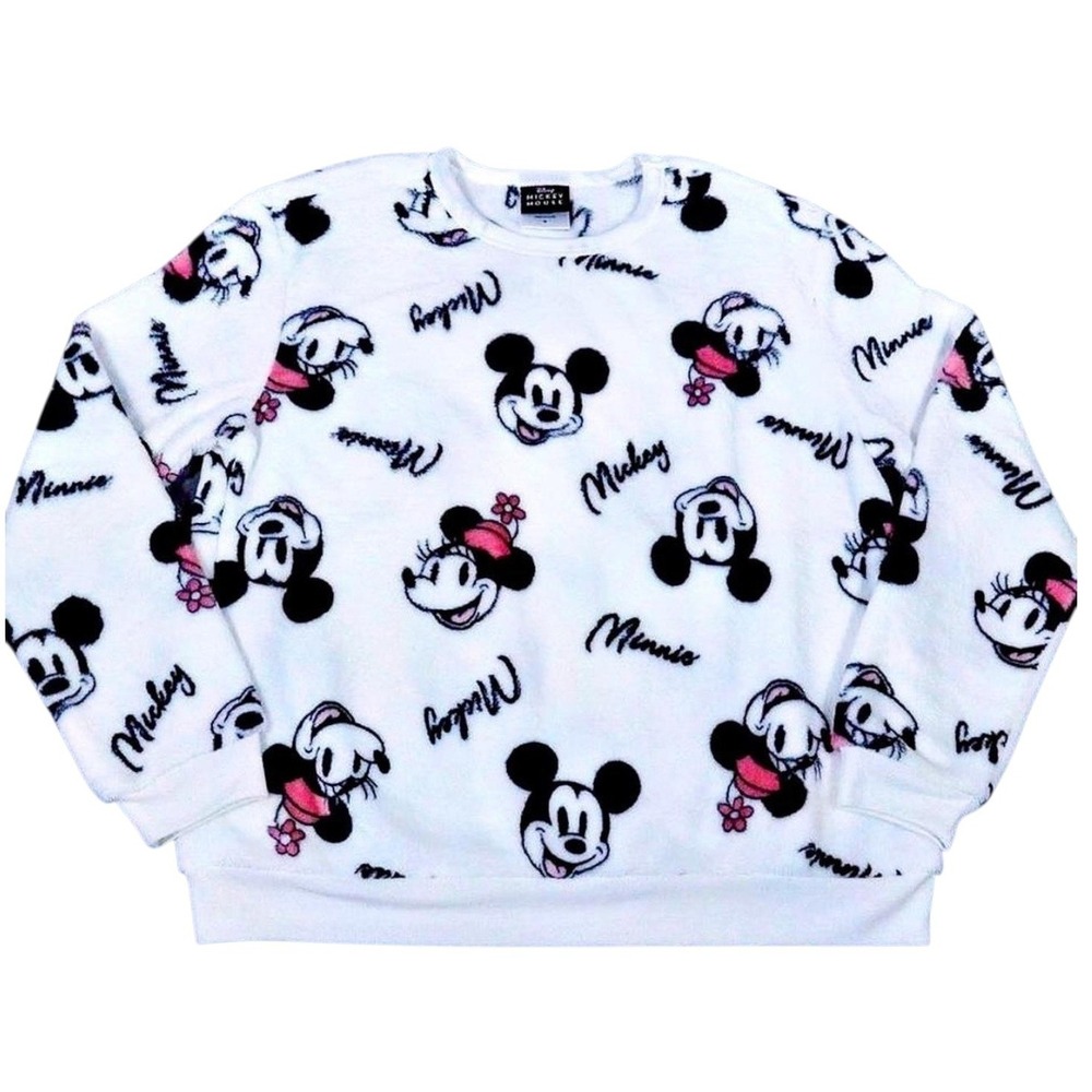 Disney Mickey Minnie Fleece Sweatshirt Womens Small White All Over Print Cozy